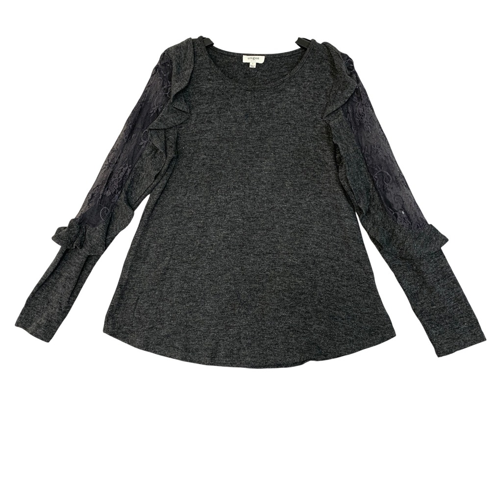 Umgee Women's S Gray R7954 Lace Ruffle Sleeve Tunic Knit Top Cotton Blend